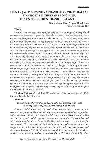 Hiện trạng phát sinh và thành phần chất thải rắn sinh hoạt tại thị trấn Phong Điền, huyện Phong Điền, thành phố Cần Thơ