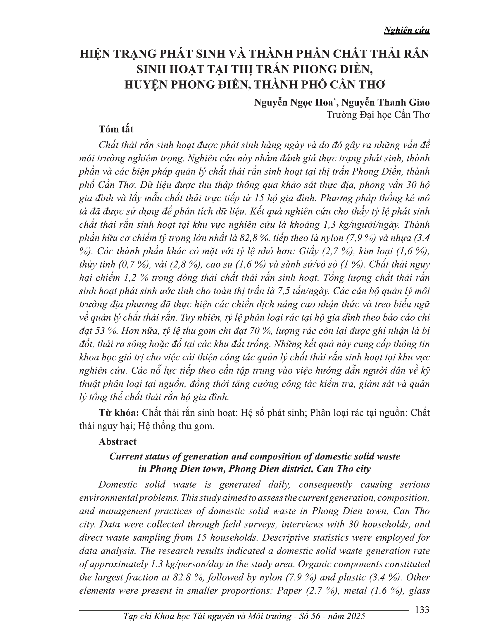 Hiện trạng phát sinh và thành phần chất thải rắn sinh hoạt tại thị trấn Phong Điền, huyện Phong Điền, thành phố Cần Thơ