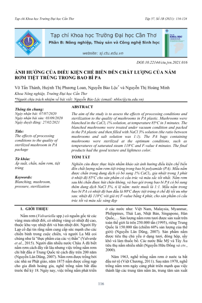 Ảnh hưởng của điều kiện chế biến đến chất lượng của nấm rơm tiệt trùng trong bao bì PA