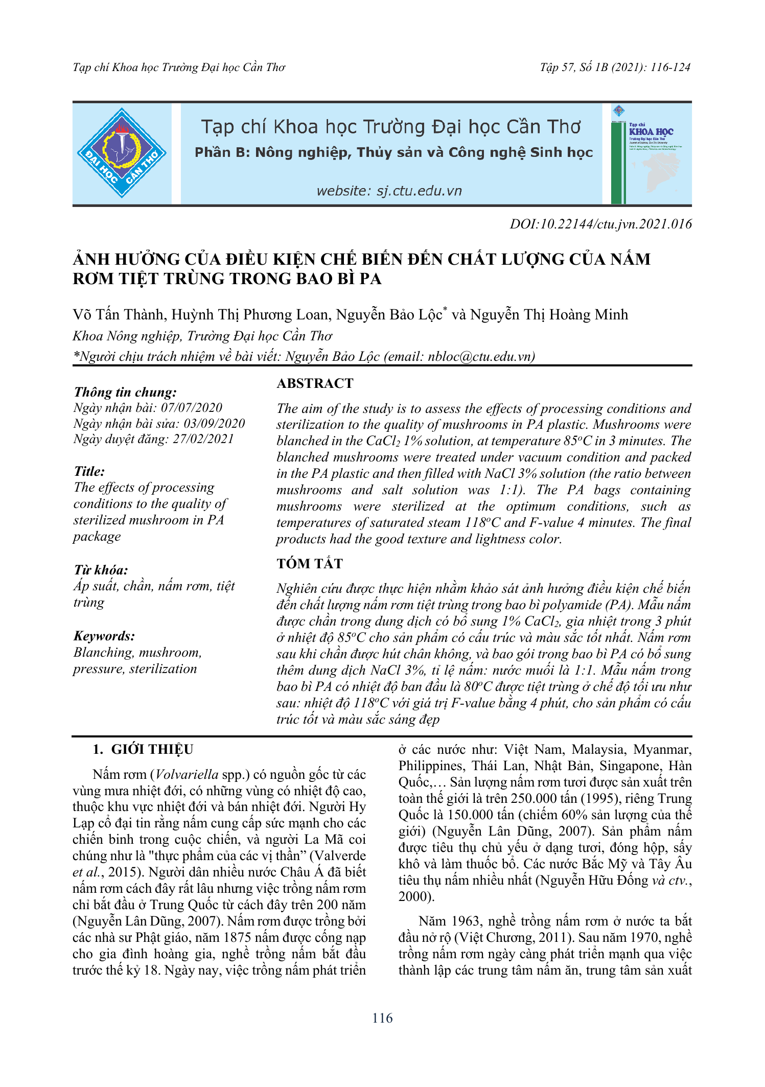 Ảnh hưởng của điều kiện chế biến đến chất lượng của nấm rơm tiệt trùng trong bao bì PA