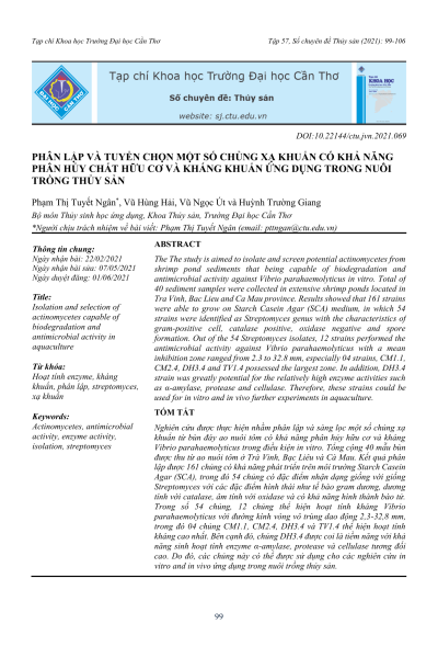 Phân lập và tuyển chọn một số chủng xạ khuẩn có khả năng phân hủy chất hữu cơ và kháng khuẩn ứng dụng trong nuôi trồng thủy sản