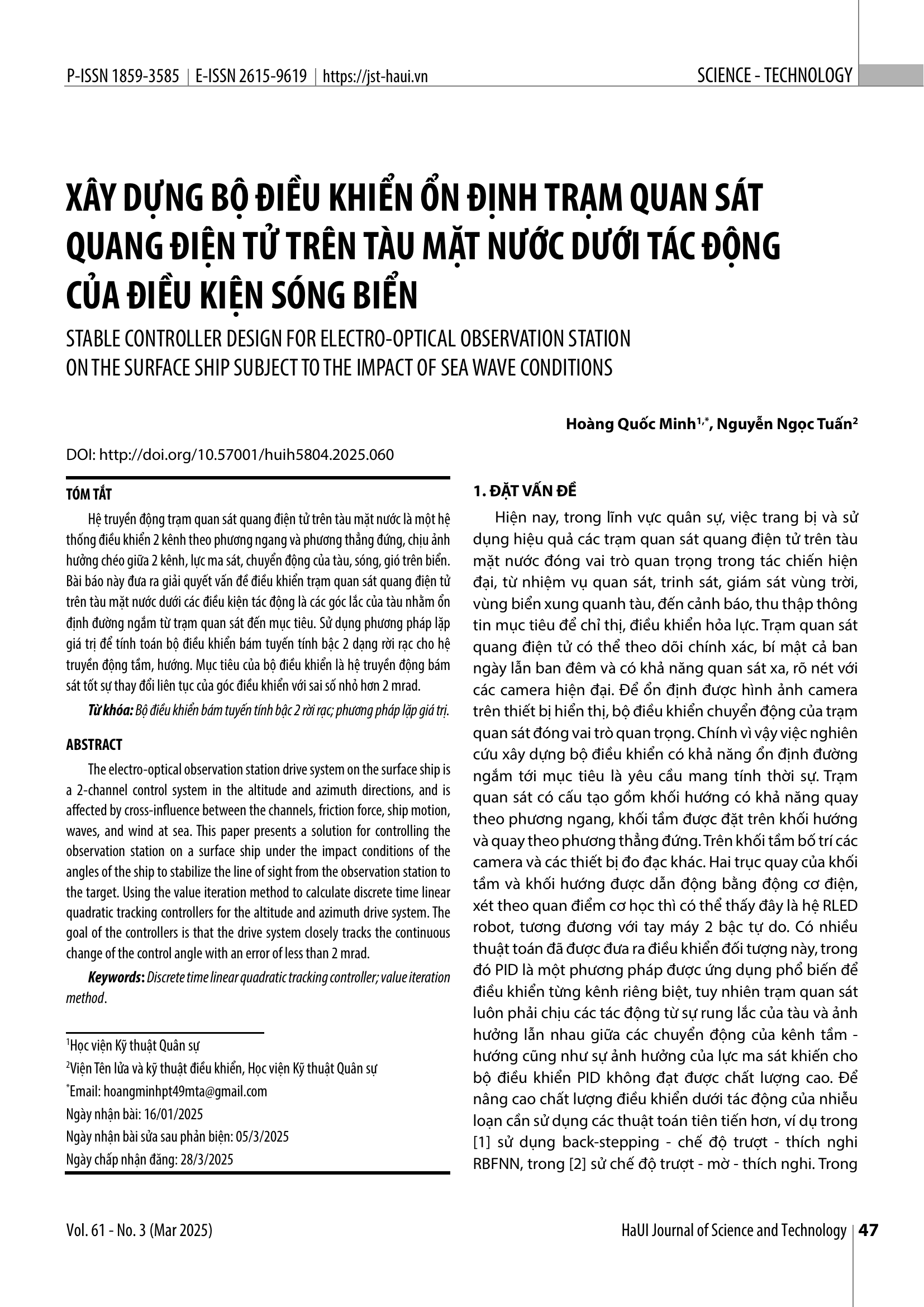 Xây dựng bộ điều khiển ổn định trạm quan sát quang điện tử trên tàu mặt nước dưới tác động của điều kiện sóng biển