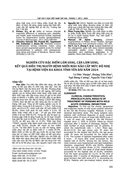Nghiên cứu đặc điểm lâm sàng, cận lâm sàng, kết quả điều trị người bệnh nhồi máu não cấp mức độ nhẹ tại Bệnh viện Đa khoa tỉnh Yên Bái năm 2024