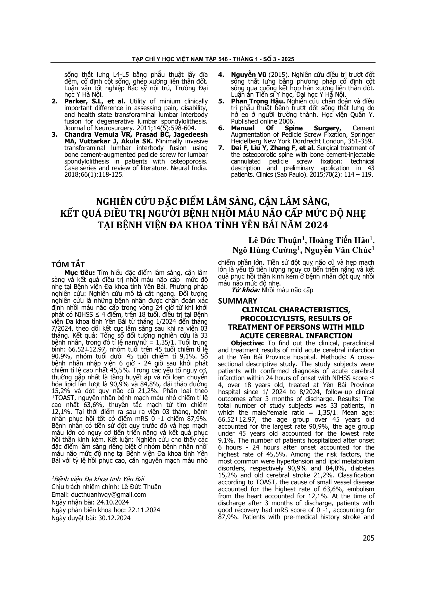 Nghiên cứu đặc điểm lâm sàng, cận lâm sàng, kết quả điều trị người bệnh nhồi máu não cấp mức độ nhẹ tại Bệnh viện Đa khoa tỉnh Yên Bái năm 2024