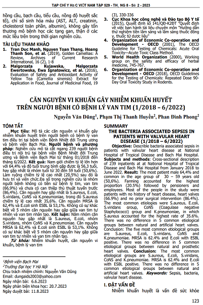 CĂN NGUYÊN VI KHUẨN GÂY NHIỄM KHUẨN HUYẾT TRÊN NGƯỜI BỆNH CÓ BỆNH LÝ VAN TIM (1/2018 – 6/2022)