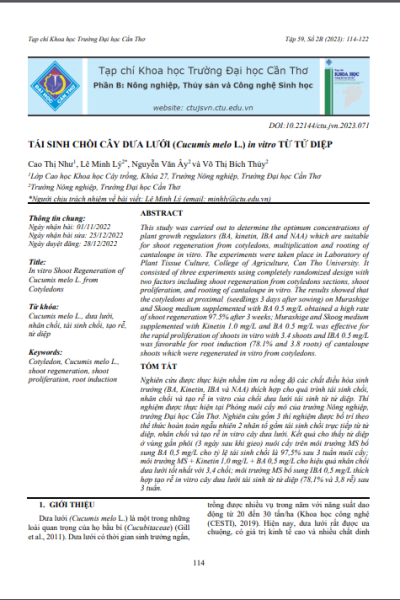 Tái sinh chồi cây dưa lưới (Cucumis melo L.) in vitro từ tử diệp
