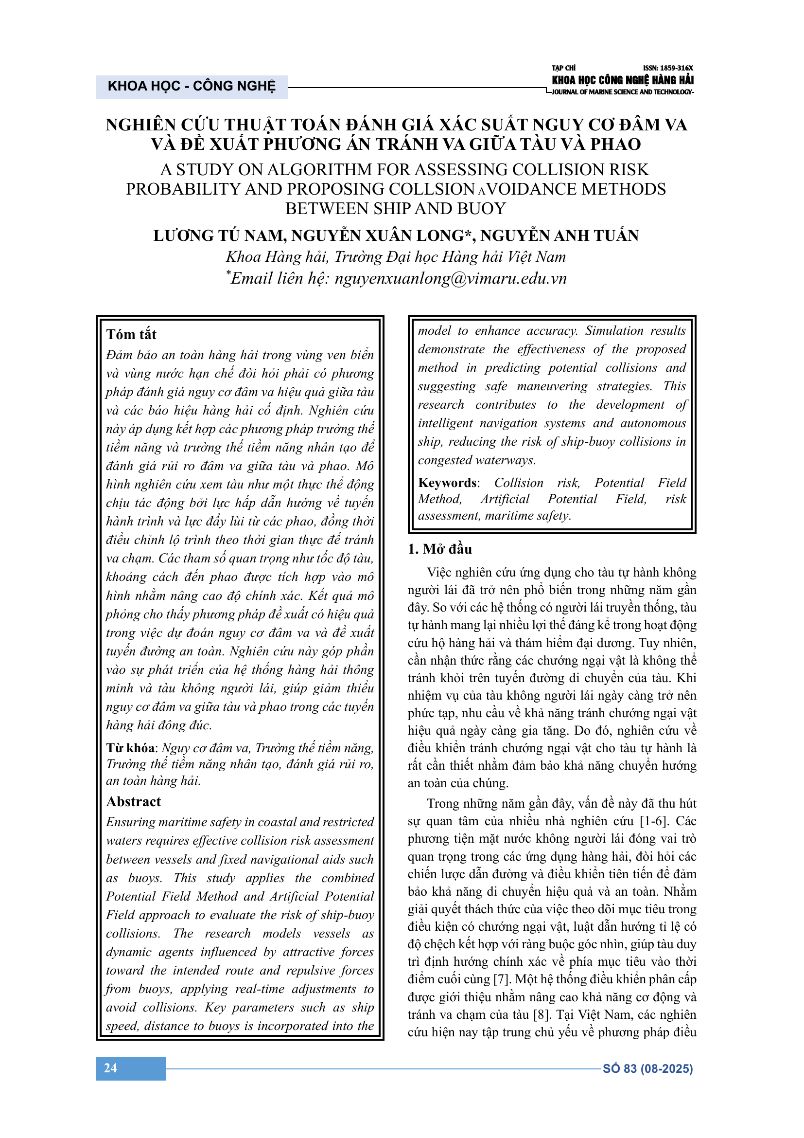 Nghiên cứu thuật toán đánh giá xác suất nguy cơ đâm va và đề xuất phương án tránh va giữa tàu và phao