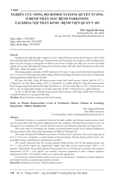 Nghiên cứu nồng độ homocysteine huyết tương ở bệnh nhân mắc bệnh parkinson tại khoa nội thần kinh - Bệnh viện quân y 10
