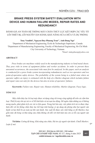 Đánh giá an toàn hệ thống máy chấn thủy lực kết hợp các yếu tố lỗi thiết bị, lỗi người vận hành, khả năng sửa chữa và dự phòng