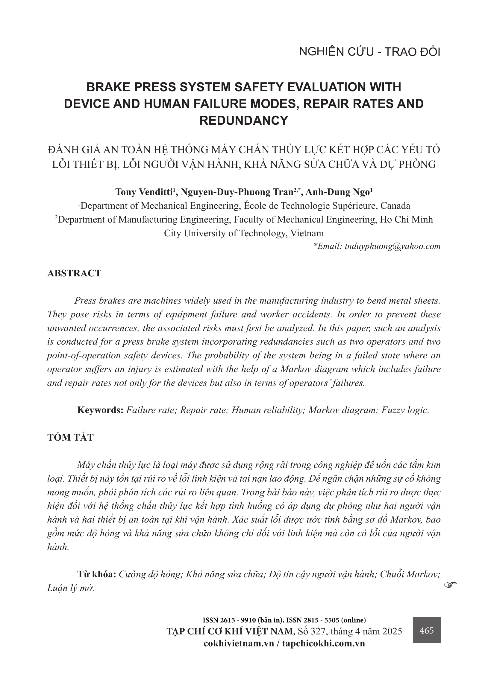 Đánh giá an toàn hệ thống máy chấn thủy lực kết hợp các yếu tố lỗi thiết bị, lỗi người vận hành, khả năng sửa chữa và dự phòng