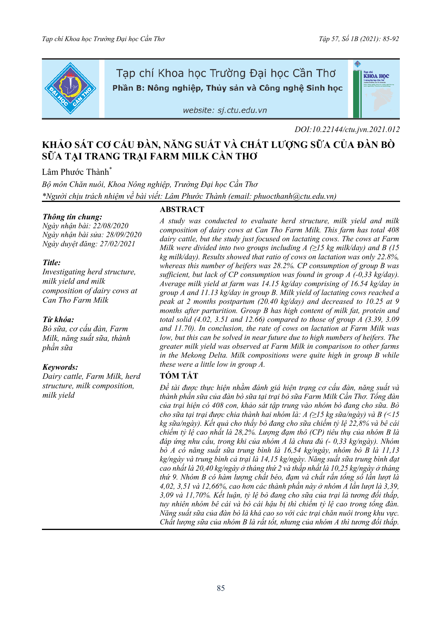 Khảo sát cơ cấu đàn, năng suất và chất lượng sữa của đàn bò sữa tại trang trại Farm Milk Cần Thơ