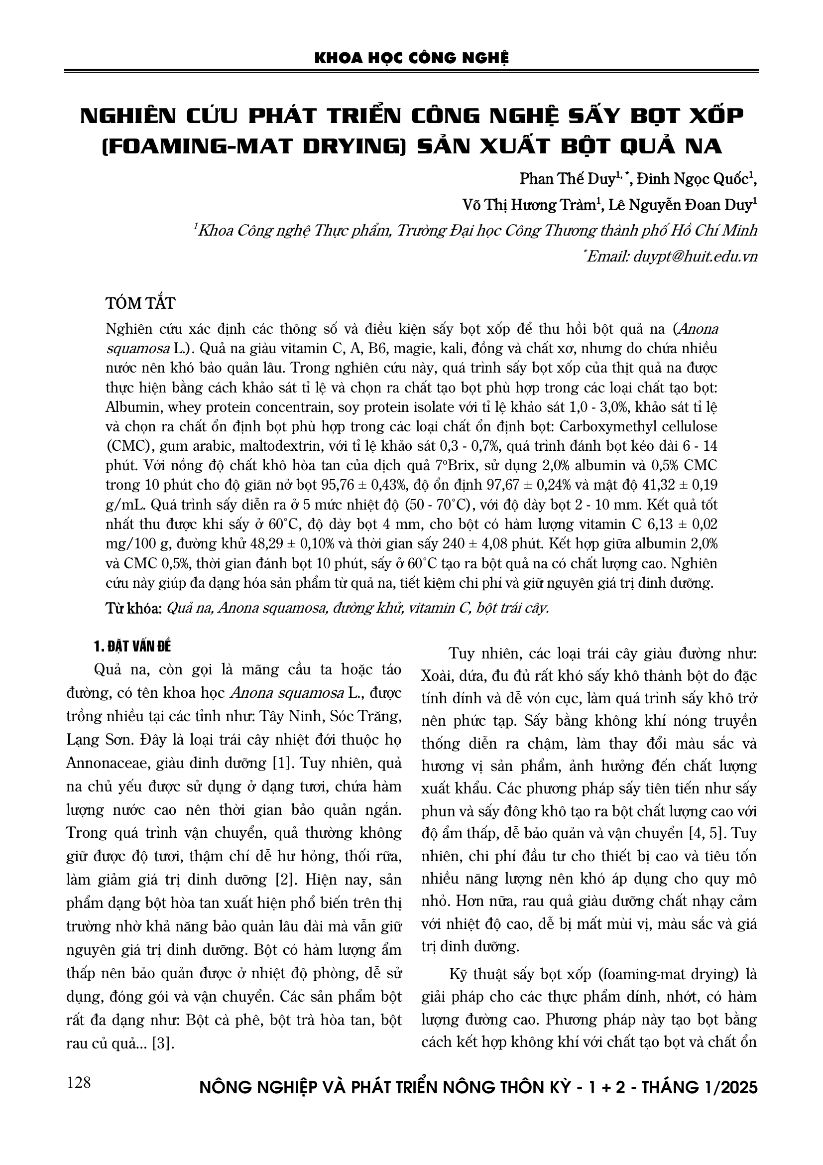 Nghiên cứu phát triển công nghệ sấy bọt xốp (foaming-mat drying) sản xuất bột quả na