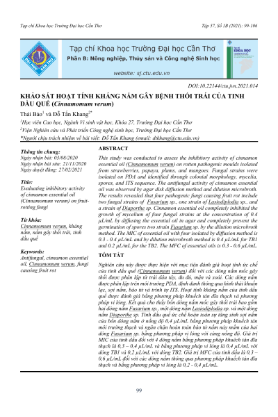 Khảo sát hoạt tính kháng nấm gây bệnh thối trái của tinh dầu quế (Cinnamomum verum)