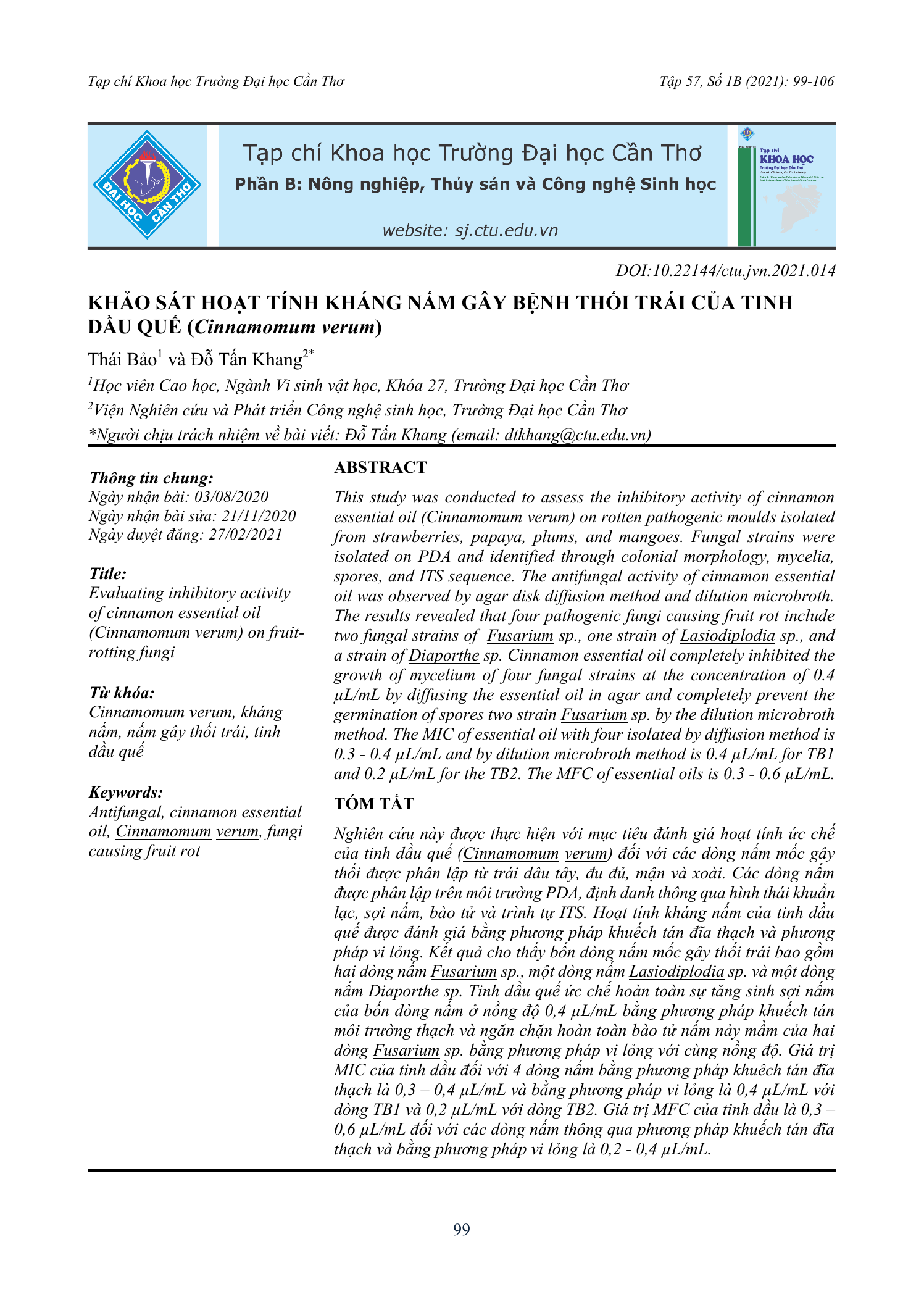 Khảo sát hoạt tính kháng nấm gây bệnh thối trái của tinh dầu quế (Cinnamomum verum)