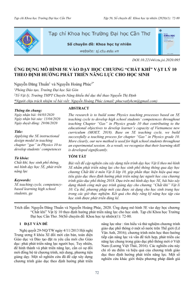 Ứng dụng mô hình 5E vào dạy học chương “Chất khí” Vật lí 10 theo định hướng phát triển năng lực cho học sinh