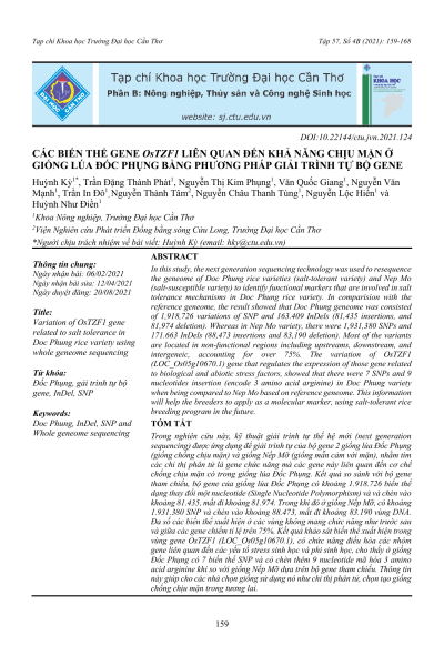 Các biến thể gene OsTZF1 liên quan đến khả năng chịu mặn ở giống lúa Đốc Phụng bằng phương pháp giải trình tự bộ gene