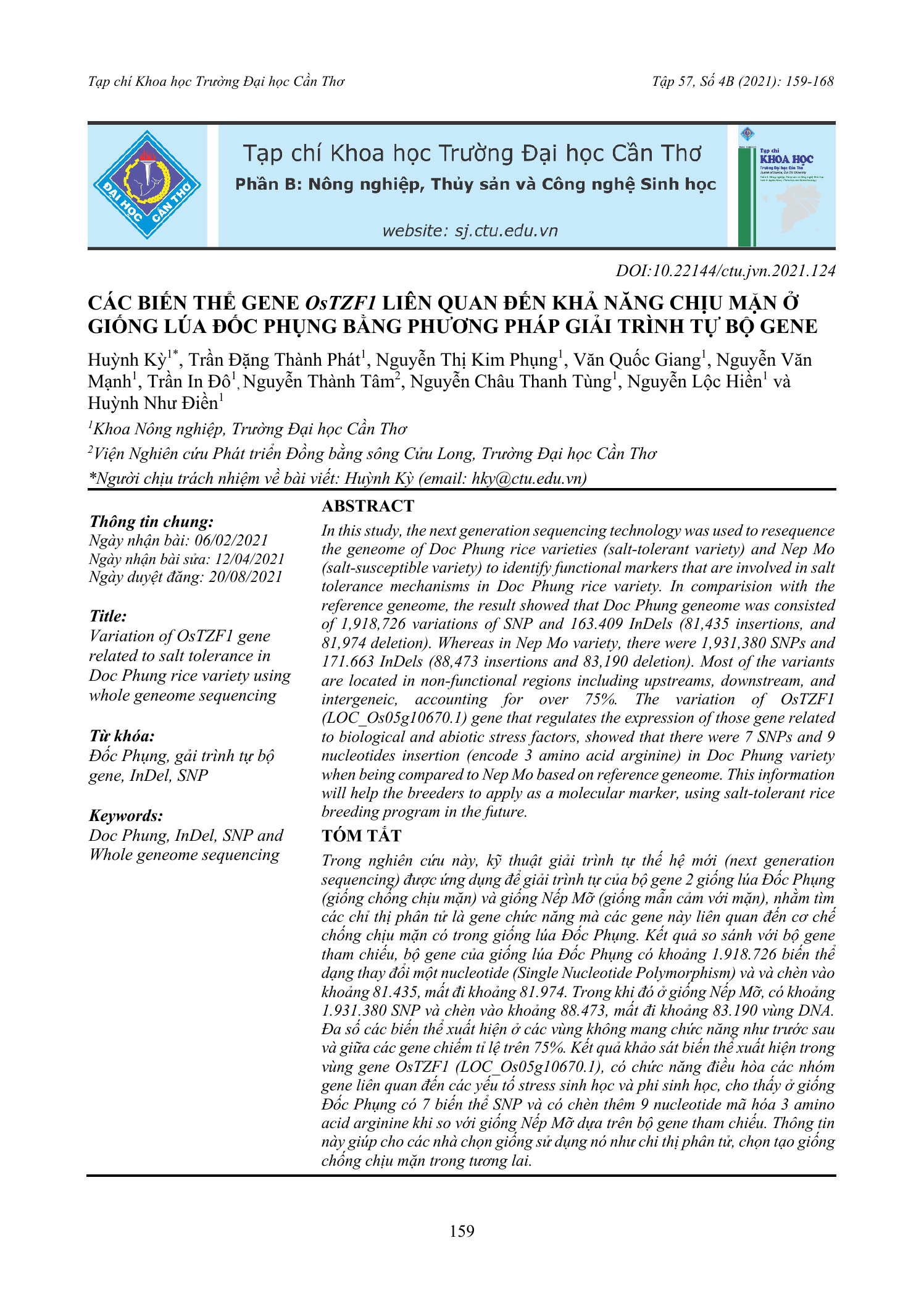Các biến thể gene OsTZF1 liên quan đến khả năng chịu mặn ở giống lúa Đốc Phụng bằng phương pháp giải trình tự bộ gene