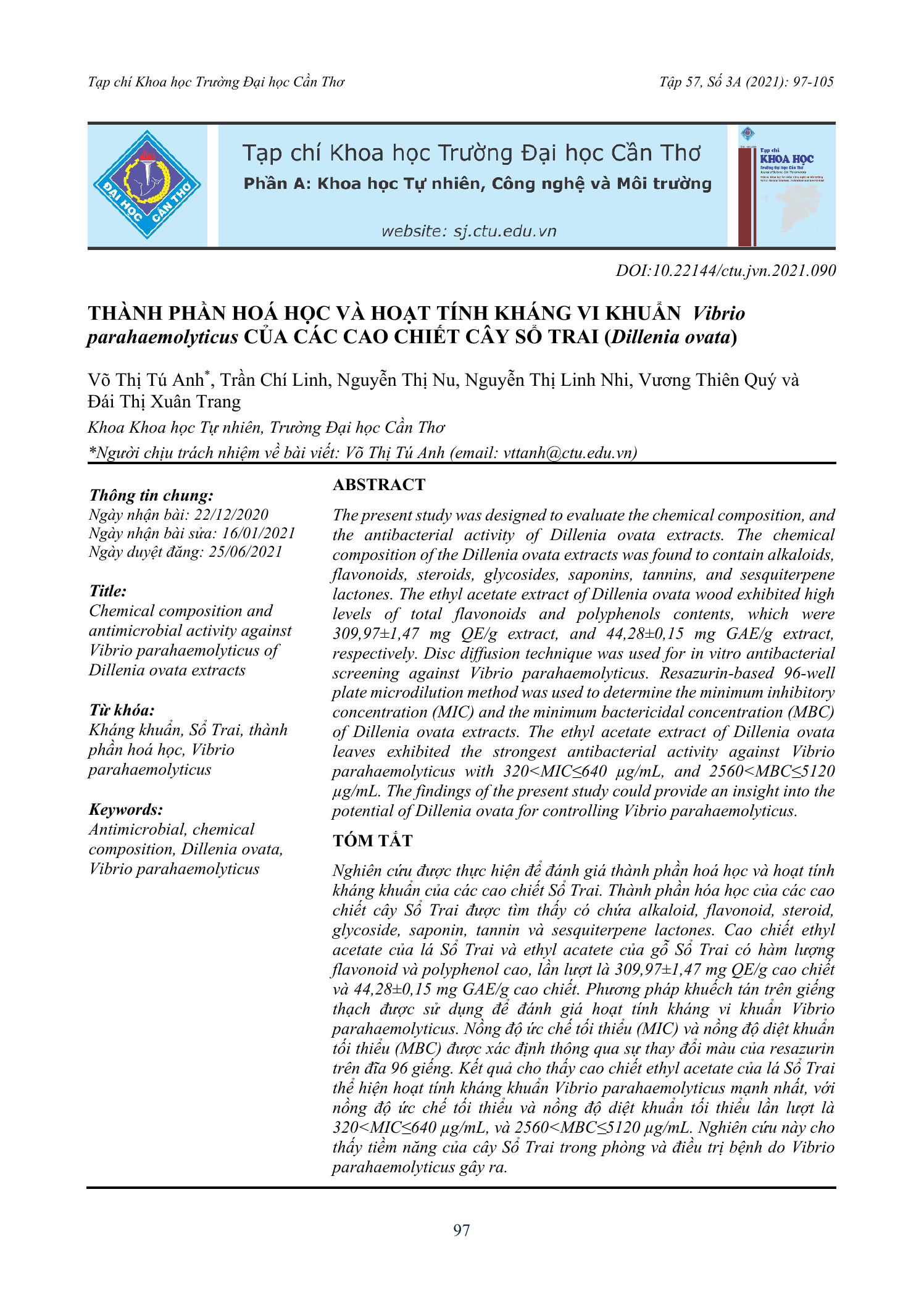 Thành phần hóa học và hoạt tính kháng vi khuẩn Vibrio parahaemolyticus của các cao chiết cây Sổ Trai (Dillenia ovata)