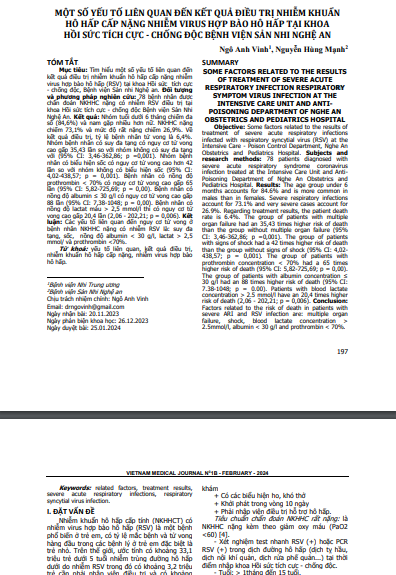 Một số yếu tố liên quan đến kết quả điều trị nhiễm khuẩn hô hấp cấp nặng nhiễm virus hợp bào hô hấp tại khoa Hồi sức Tích cực - Chống độc Bệnh viện Sản Nhi Nghệ An