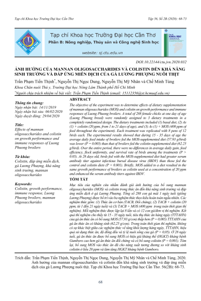 Ảnh hưởng của mannan oligosaccharides và colistin đến khả năng sinh trưởng và đáp ứng miễn dịch của gà Lương Phượng nuôi thịt