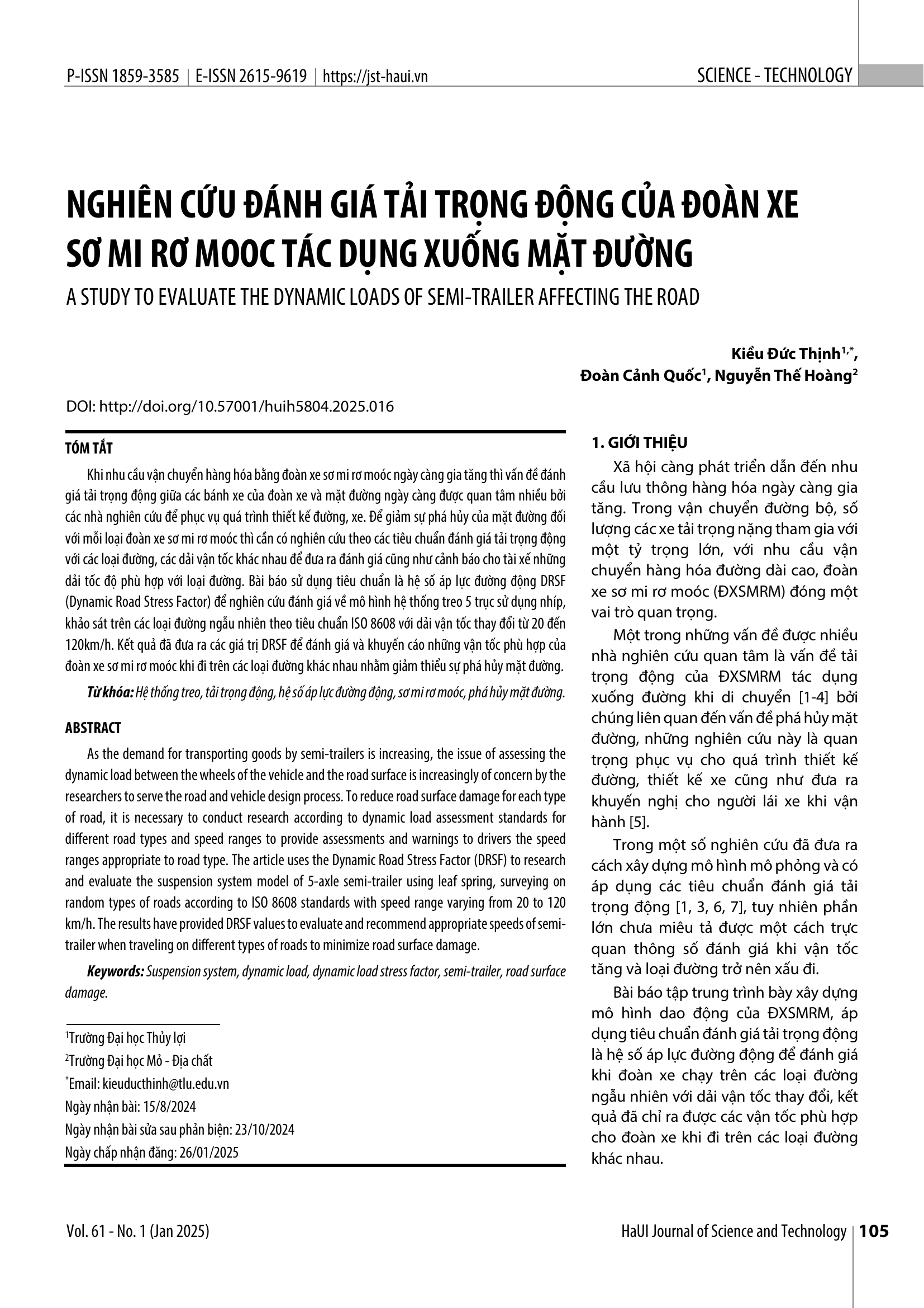 Nghiên cứu đánh giá tải trọng động của đoàn xe sơ mi rơ mooc tác dụng xuống mặt đường