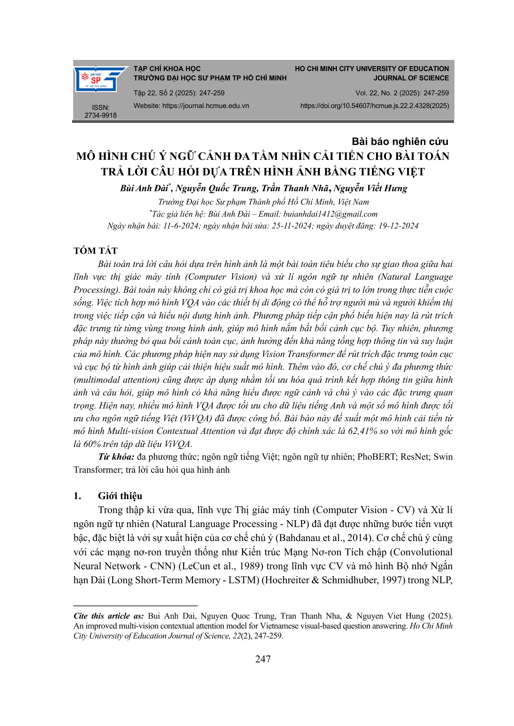 Mô hình chú ý ngữ cảnh đa tầm nhìn cải tiến cho bài toán trả lời câu hỏi dựa trên hình ảnh bằng tiếng Việt