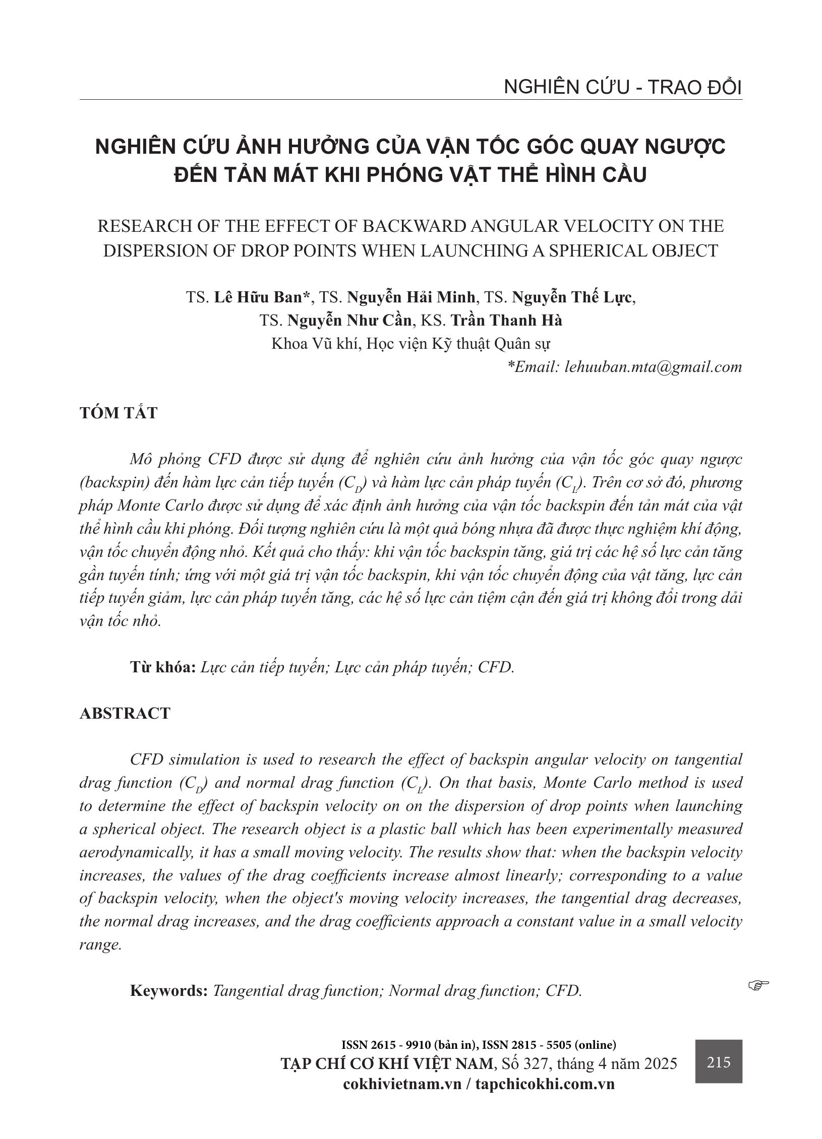 Nghiên cứu ảnh hưởng của vận tốc góc quay ngược đến tán mát khi phóng vật thể hình cầu