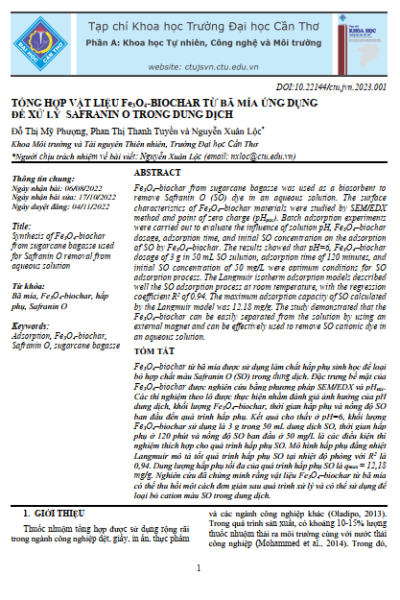 Tổng hợp vật liệu Fe3O4-BIOCHAR từ bã mía ứng dụng để xử lý Safranin o trong dung dịch