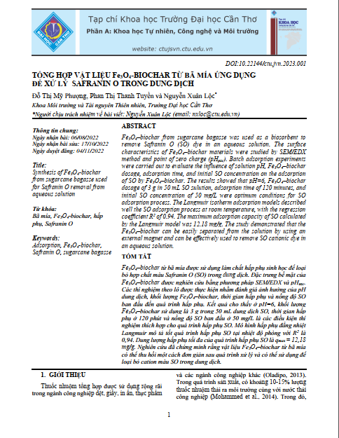 Tổng hợp vật liệu Fe3O4-BIOCHAR từ bã mía ứng dụng để xử lý Safranin o trong dung dịch