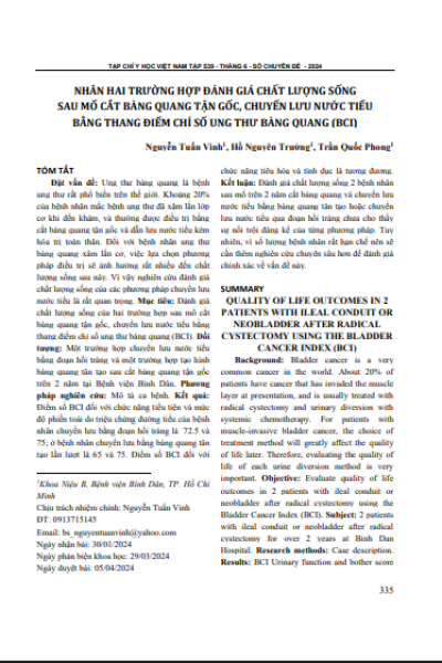 Nhân hai trường hợp đánh giá chất lượng sống sau mổ cắt bàng quang tận gốc, chuyển lưu nước tiểu bằng thang điểm chỉ số ung thư bàng quang (BCI)