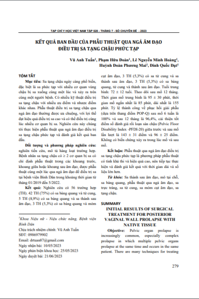 Kết quả ban đầu của phẫu thuật qua ngả âm đạo điều trị sa tạng chậu phức tạp