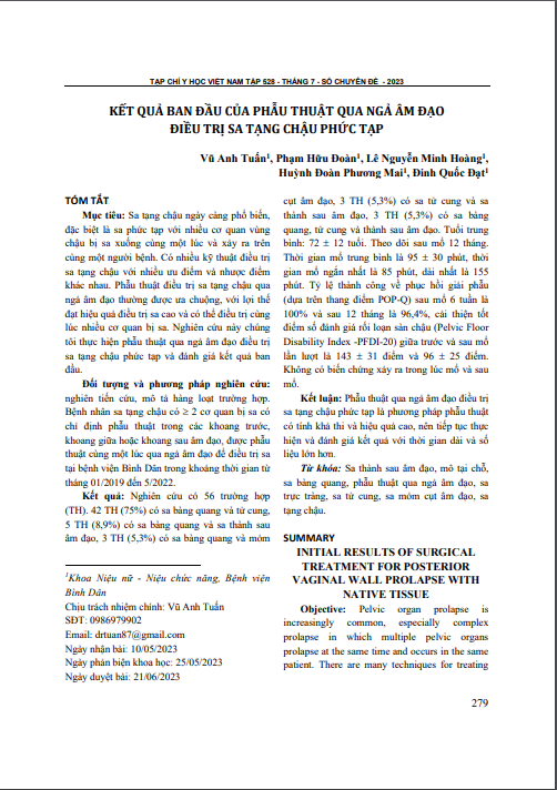 Kết quả ban đầu của phẫu thuật qua ngả âm đạo điều trị sa tạng chậu phức tạp