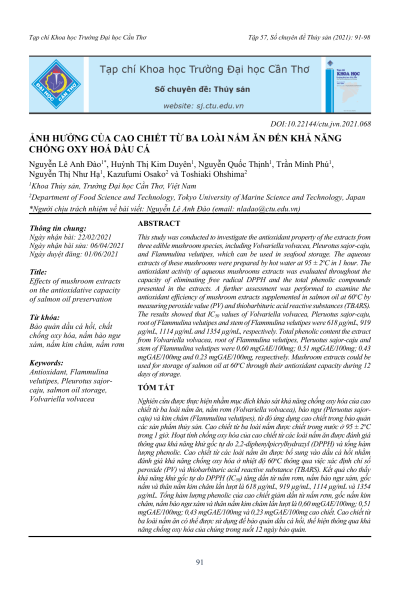 Ảnh hưởng của cao chiết từ ba loài nấm ăn đến khả năng chống oxy hóa dầu cá