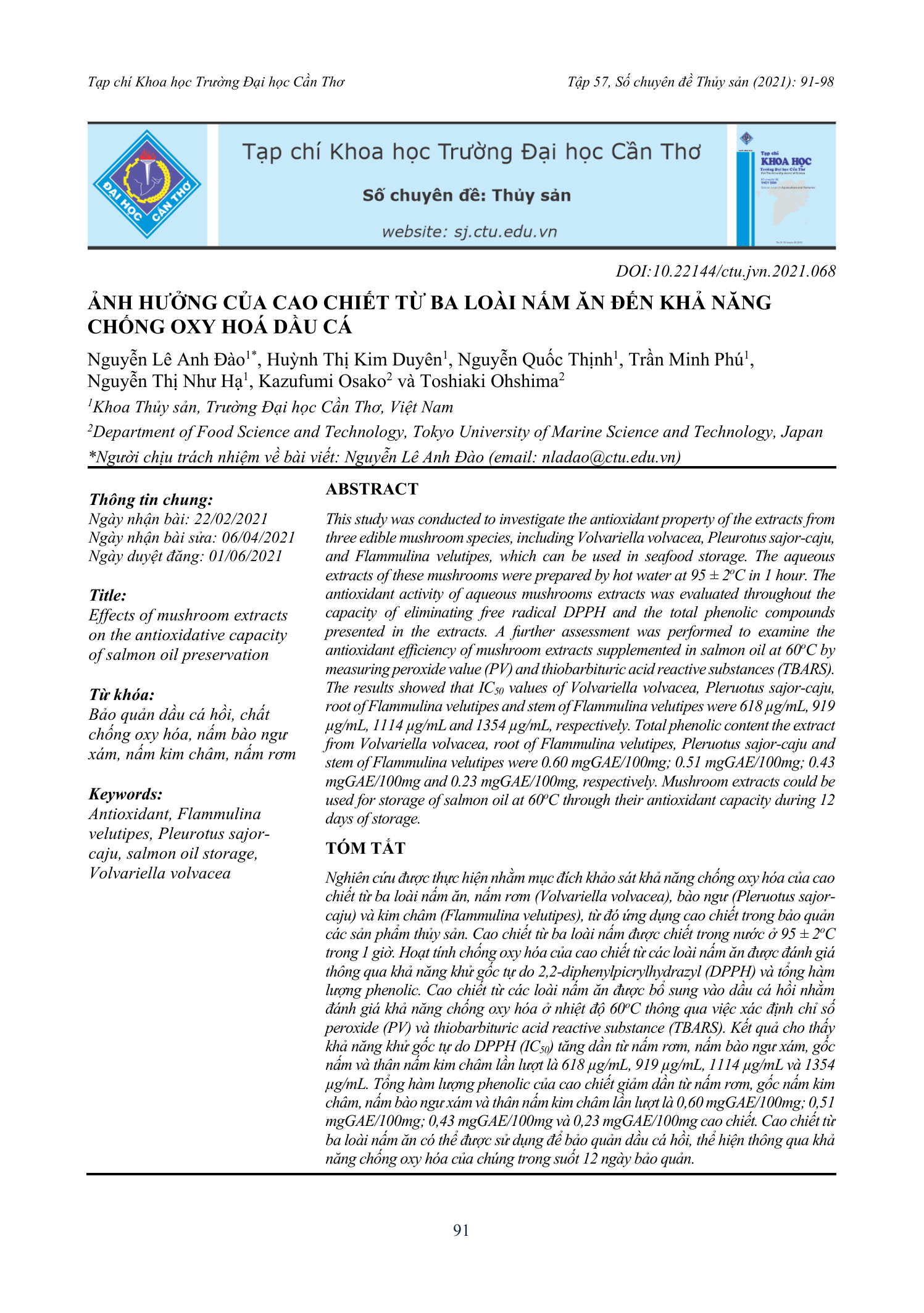 Ảnh hưởng của cao chiết từ ba loài nấm ăn đến khả năng chống oxy hóa dầu cá