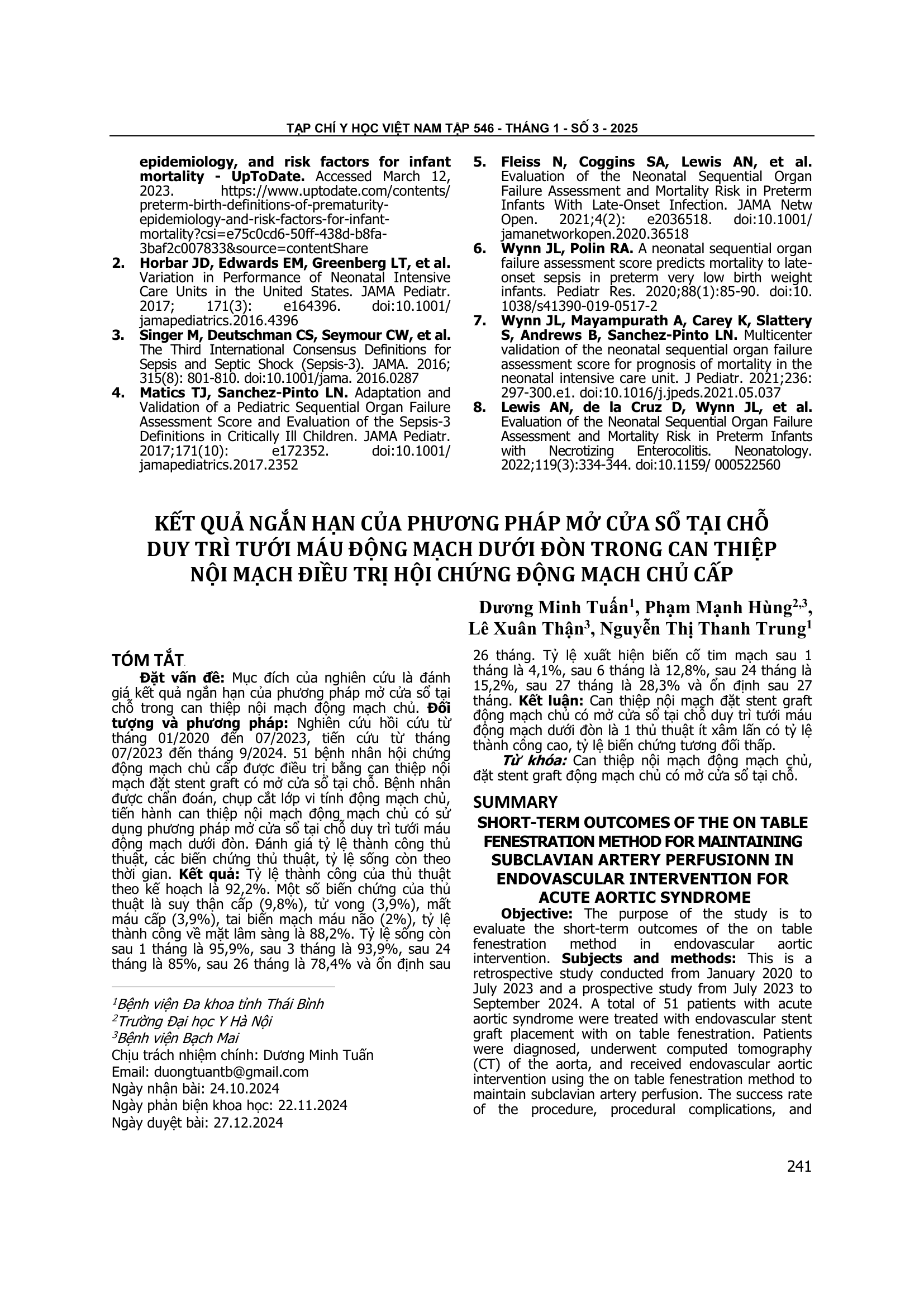 Kết quả ngắn hạn của phương pháp mở cửa sổ tại chỗ duy trì tưới máu động mạch dưới đòn trong can thiệp nội mạch điều trị hội chứng động mạch chủ cấp