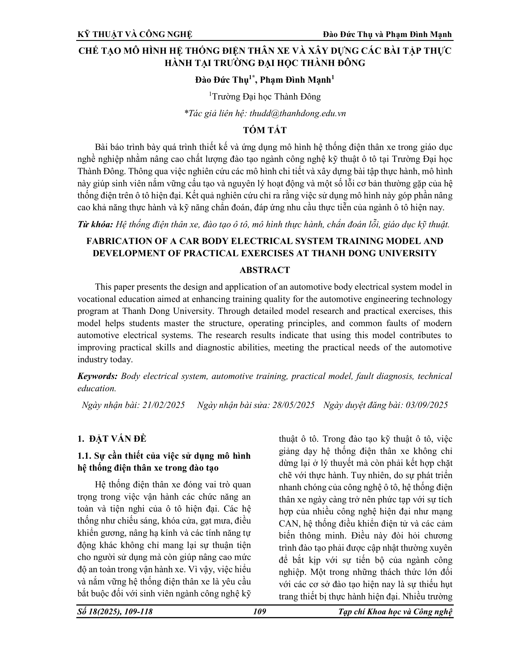 Chế tạo mô hình hệ thống điện thân xe và xây dựng các bài tập thực hành tại Trường Đại học Thành Đông