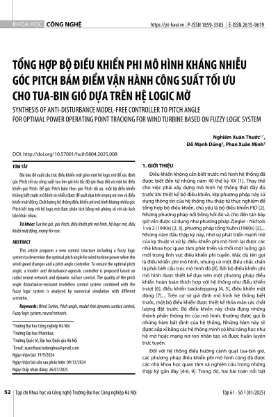 Tổng hợp bộ điều khiển phi mô hình kháng nhiễu góc Pitch bám điểm vận hành công suất tối ưu cho tua-bin gió dựa trên hệ logic mờ
