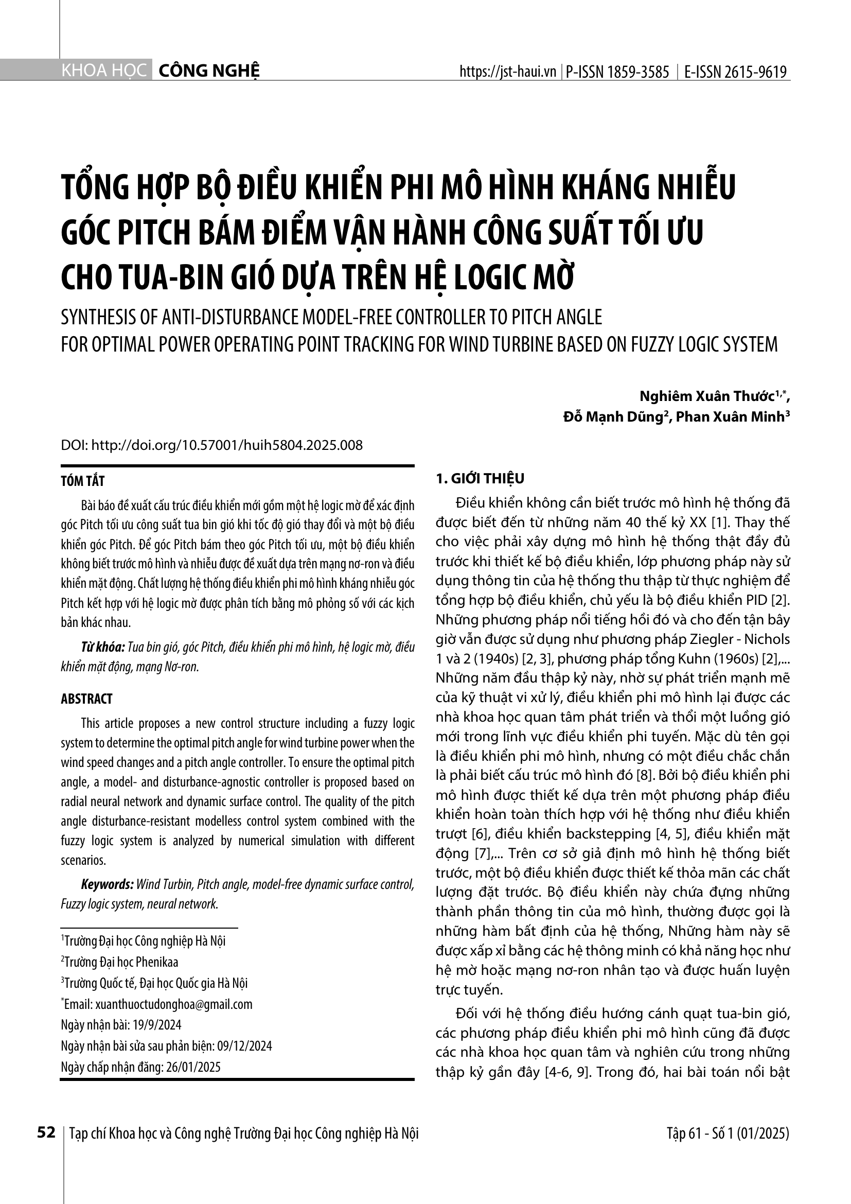 Tổng hợp bộ điều khiển phi mô hình kháng nhiễu góc Pitch bám điểm vận hành công suất tối ưu cho tua-bin gió dựa trên hệ logic mờ