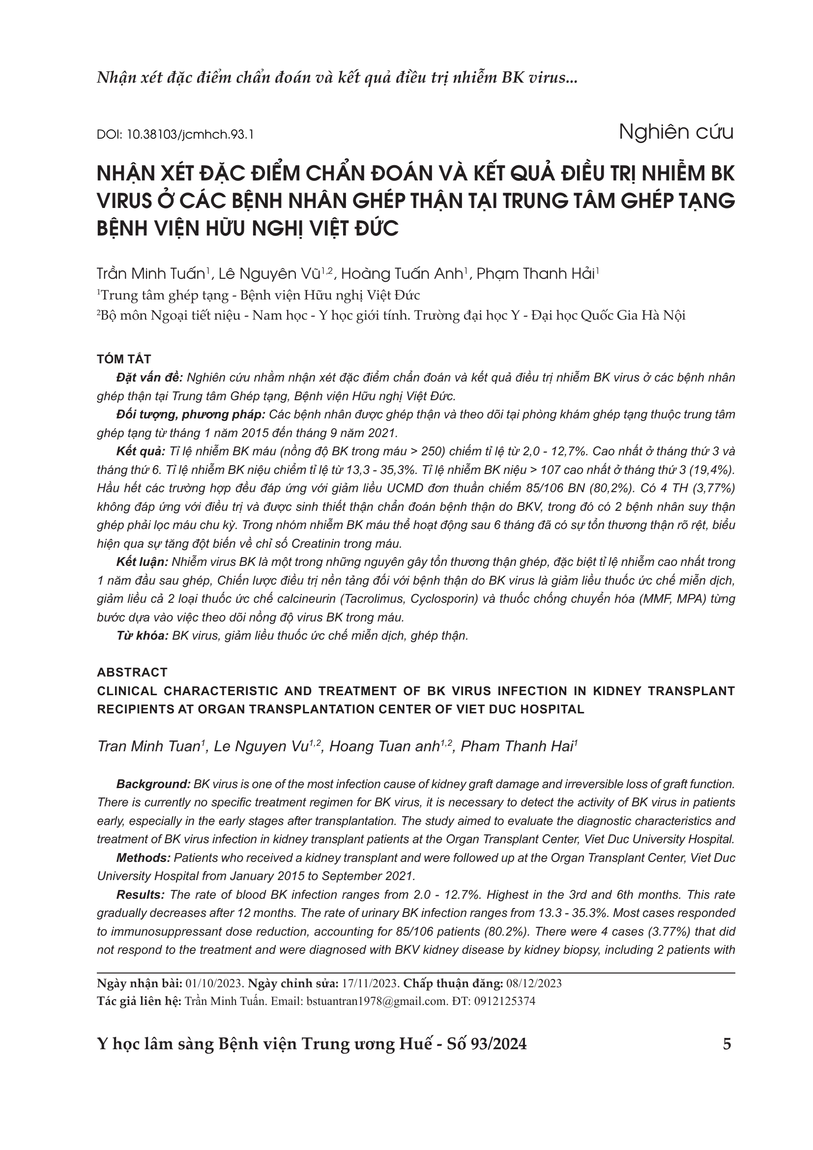 Đặc điểm lâm sàng và điều trị nhiễm virus BK ở bệnh nhân ghép thận tại trung tâm ghép tạng Bệnh viện Việt Đức