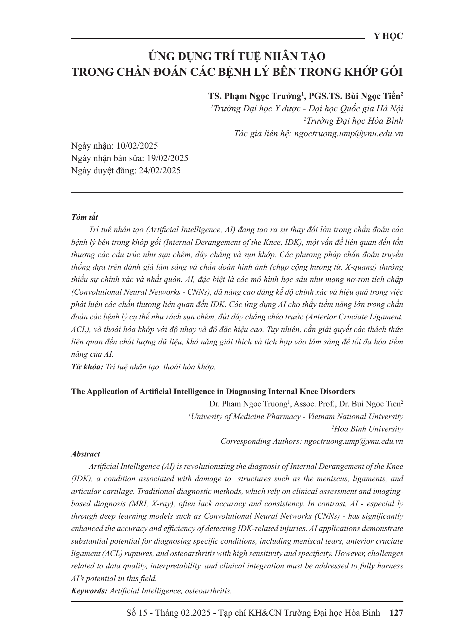 Ứng dụng trí tuệ nhân tạo trong chẩn đoán các bệnh lý bên trong khớp gối