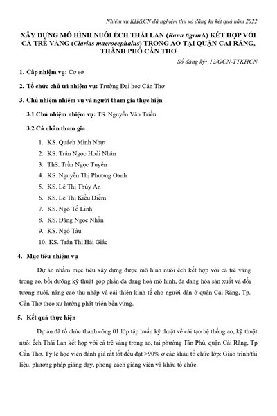 Xây dựng mô hình nuôi ếch thái lan (Rana tigrina) kết hợp với cá trê vàng (Clarias macrocephalus) trong ao tại quận Cái Răng, thành phố Cần Thơ (2022)