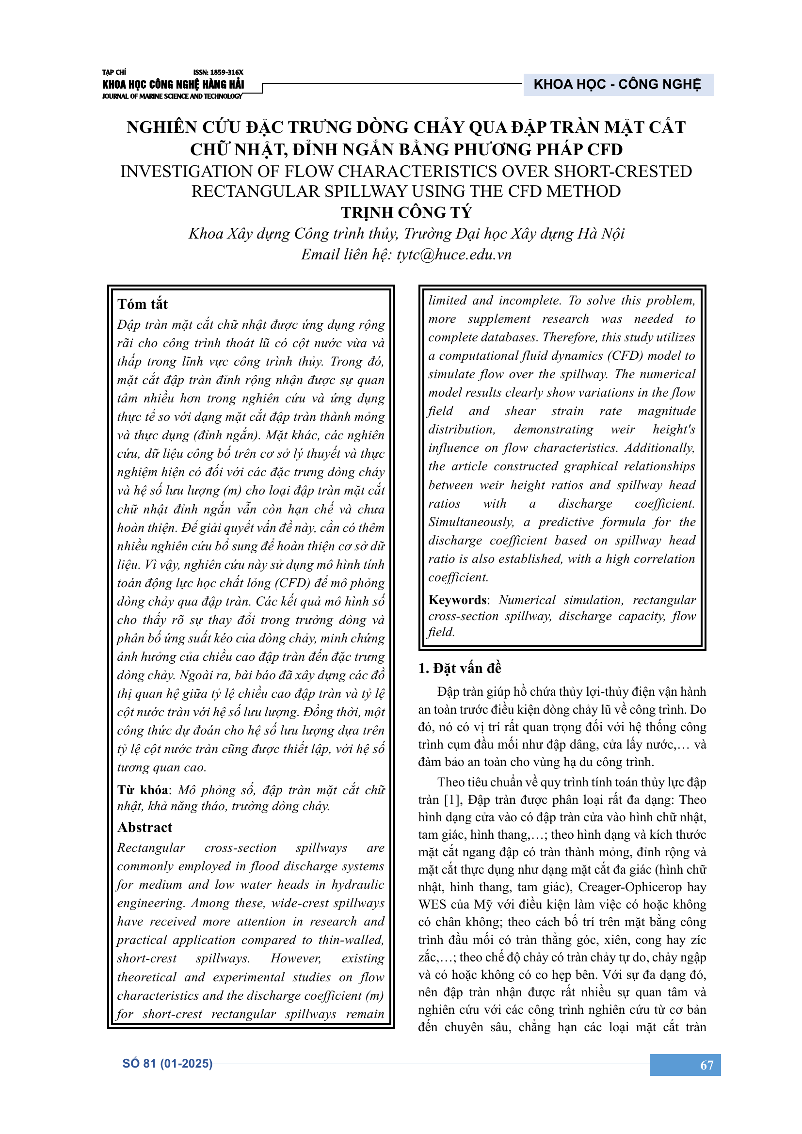 Nghiên cứu đặc trưng dòng chảy qua đập tràn mặt cắt chữ nhật, đỉnh ngắn bằng phương pháp CFD