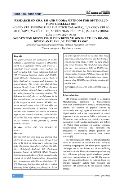 Nghiên cứu phương pháp phân tích xám (GRA), lựa chọn chỉ số ưu tiên (PSI) và tối ưu dựa trên phân tích tỷ lệ (MOORA) trong lựa chọn máy in 3D