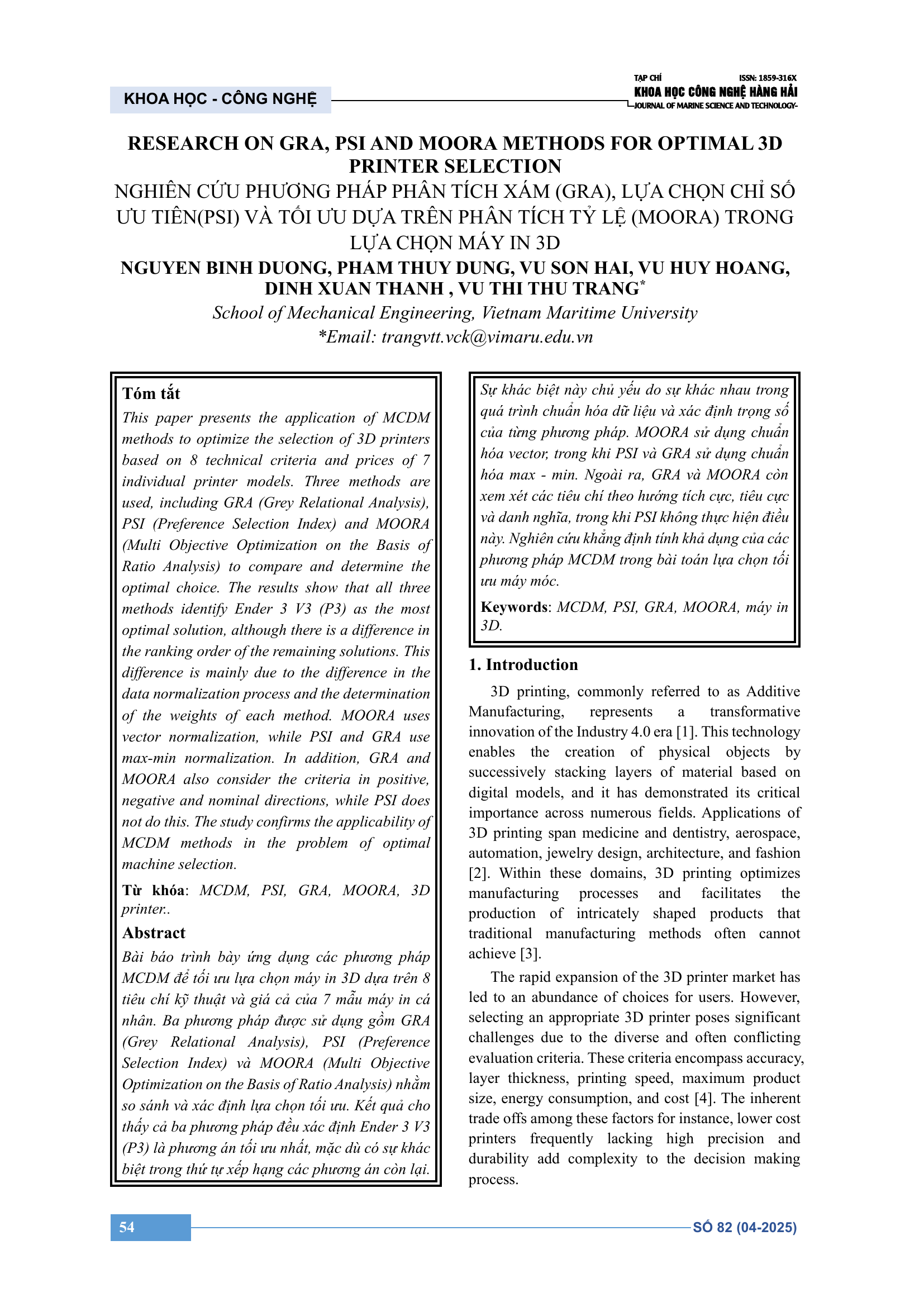 Nghiên cứu phương pháp phân tích xám (GRA), lựa chọn chỉ số ưu tiên (PSI) và tối ưu dựa trên phân tích tỷ lệ (MOORA) trong lựa chọn máy in 3D