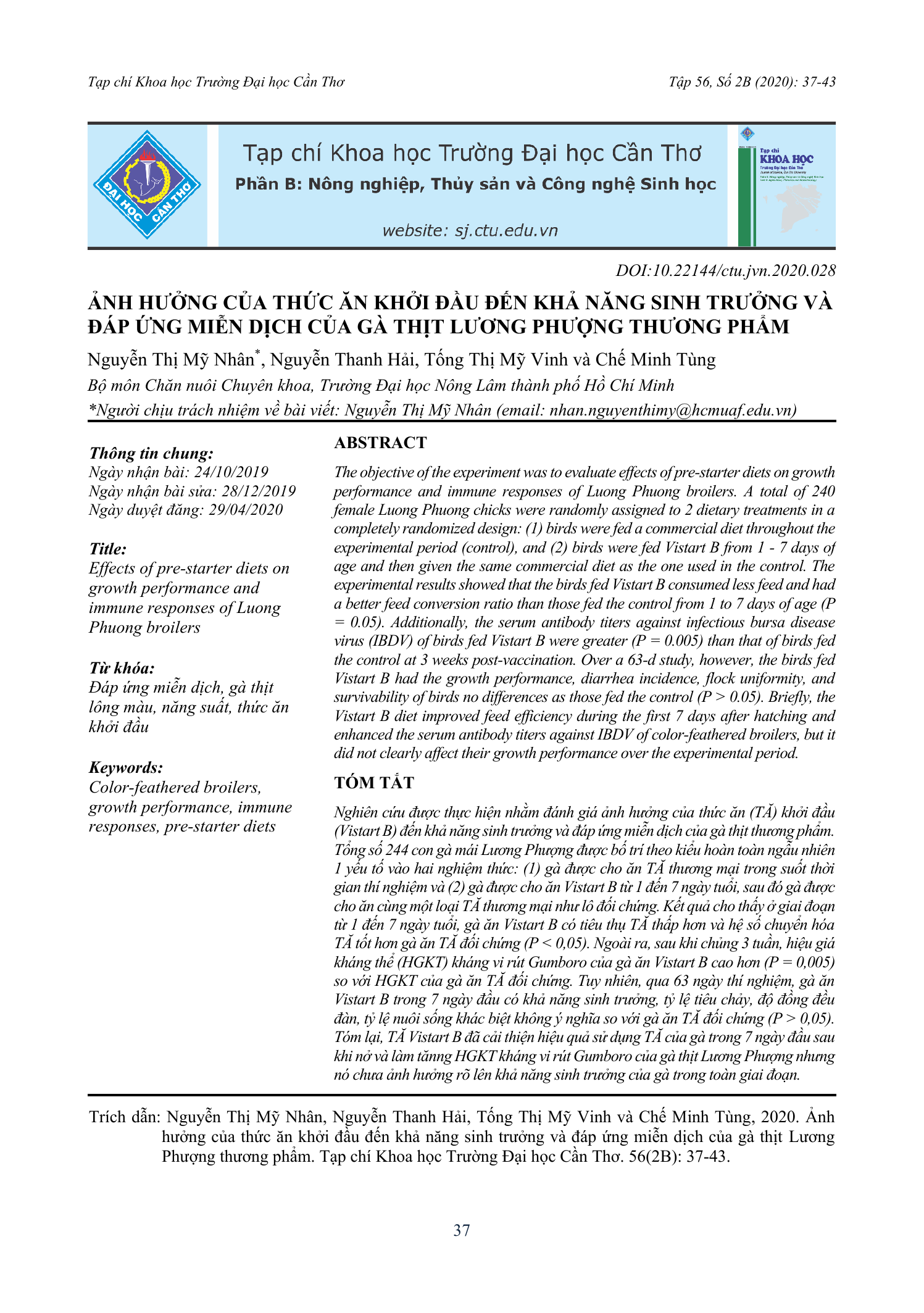 Ảnh hưởng của thức ăn khởi đầu đến khả năng sinh trưởng và đáp ứng miễn dịch của gà thịt Lương Phượng thương phẩm