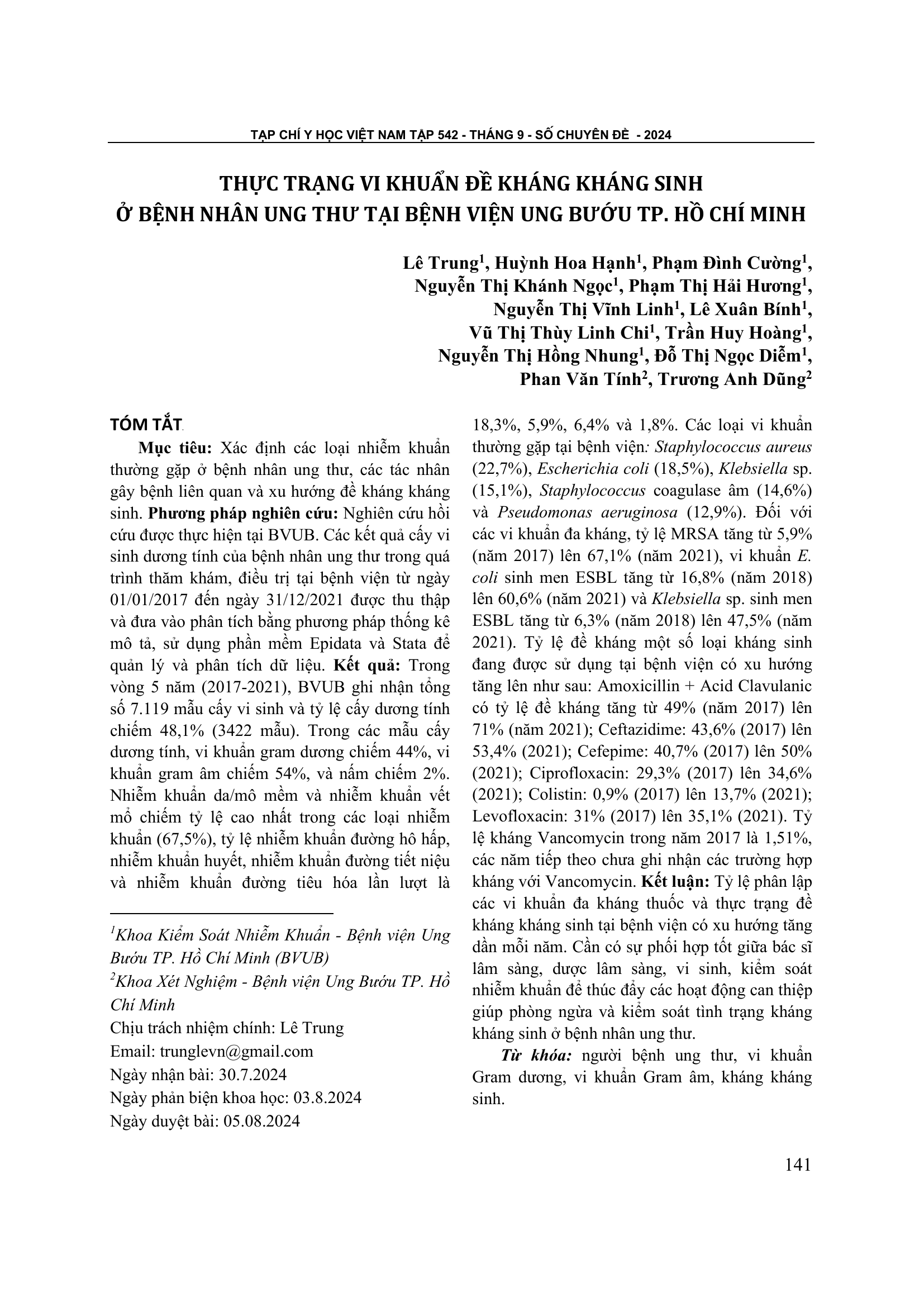 Thực trạng vi khuẩn đề kháng kháng sinh ở bệnh nhân ung thư tại bệnh viện Ung Bướu Tp. Hồ Chí Minh