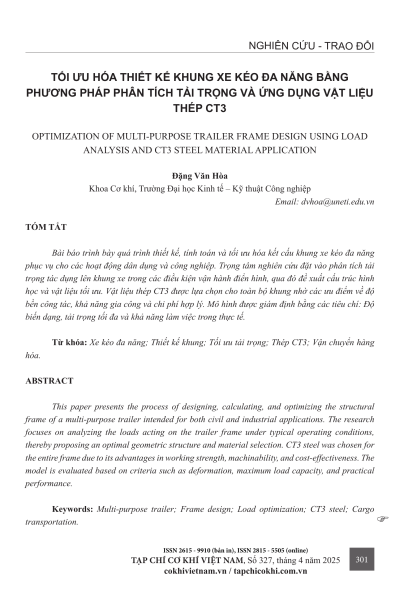 Tối ưu hóa thiết kế khung xe kéo đa năng bằng phương pháp phân tích tải trọng và ứng dụng vật liệu thép CT3