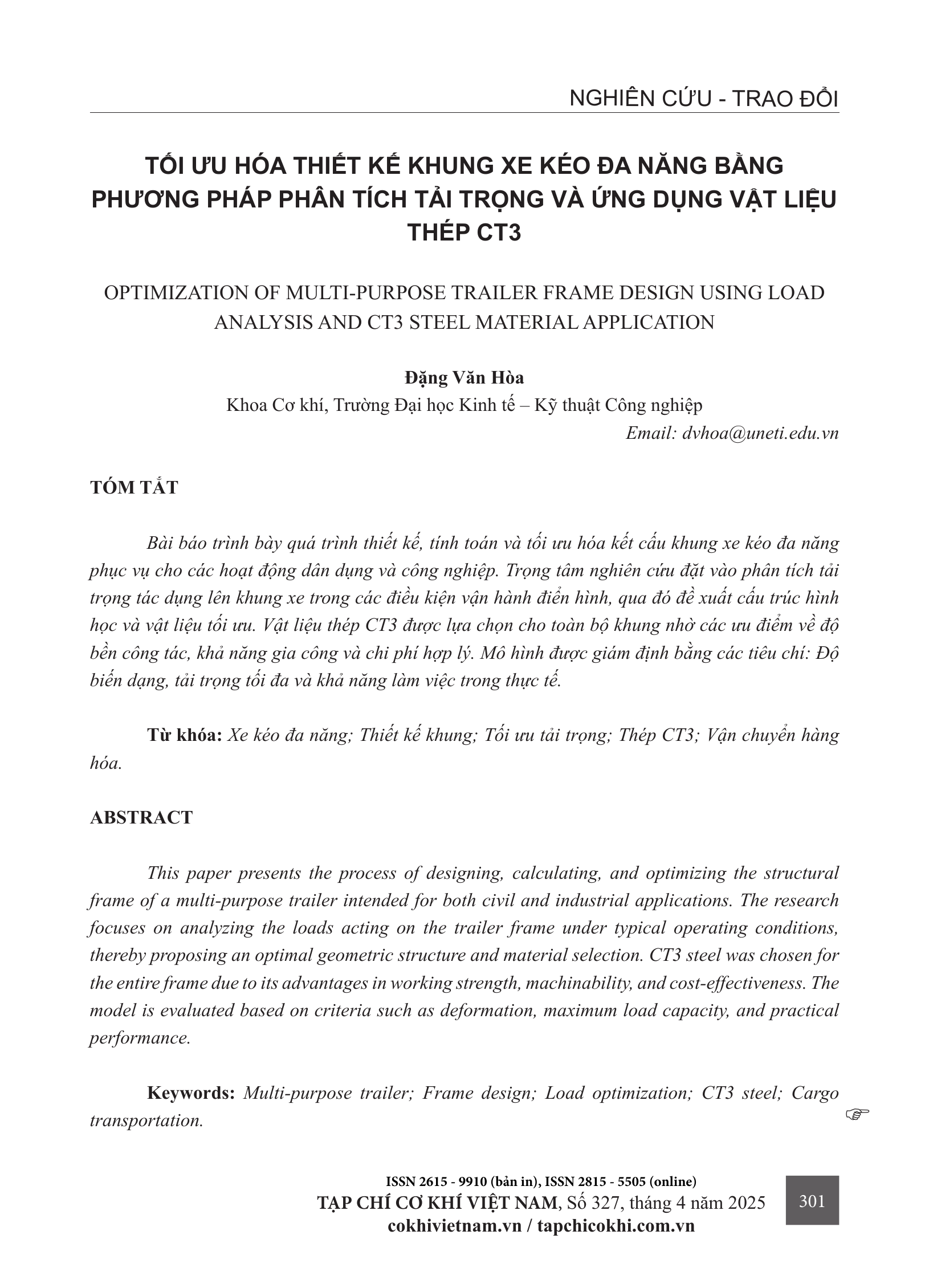 Tối ưu hóa thiết kế khung xe kéo đa năng bằng phương pháp phân tích tải trọng và ứng dụng vật liệu thép CT3
