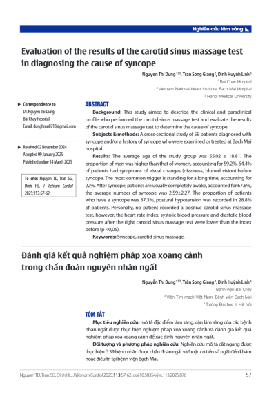 Đánh giá kết quả nghiệm pháp xoa xoang cảnh trong chẩn đoán nguyên nhân ngất
