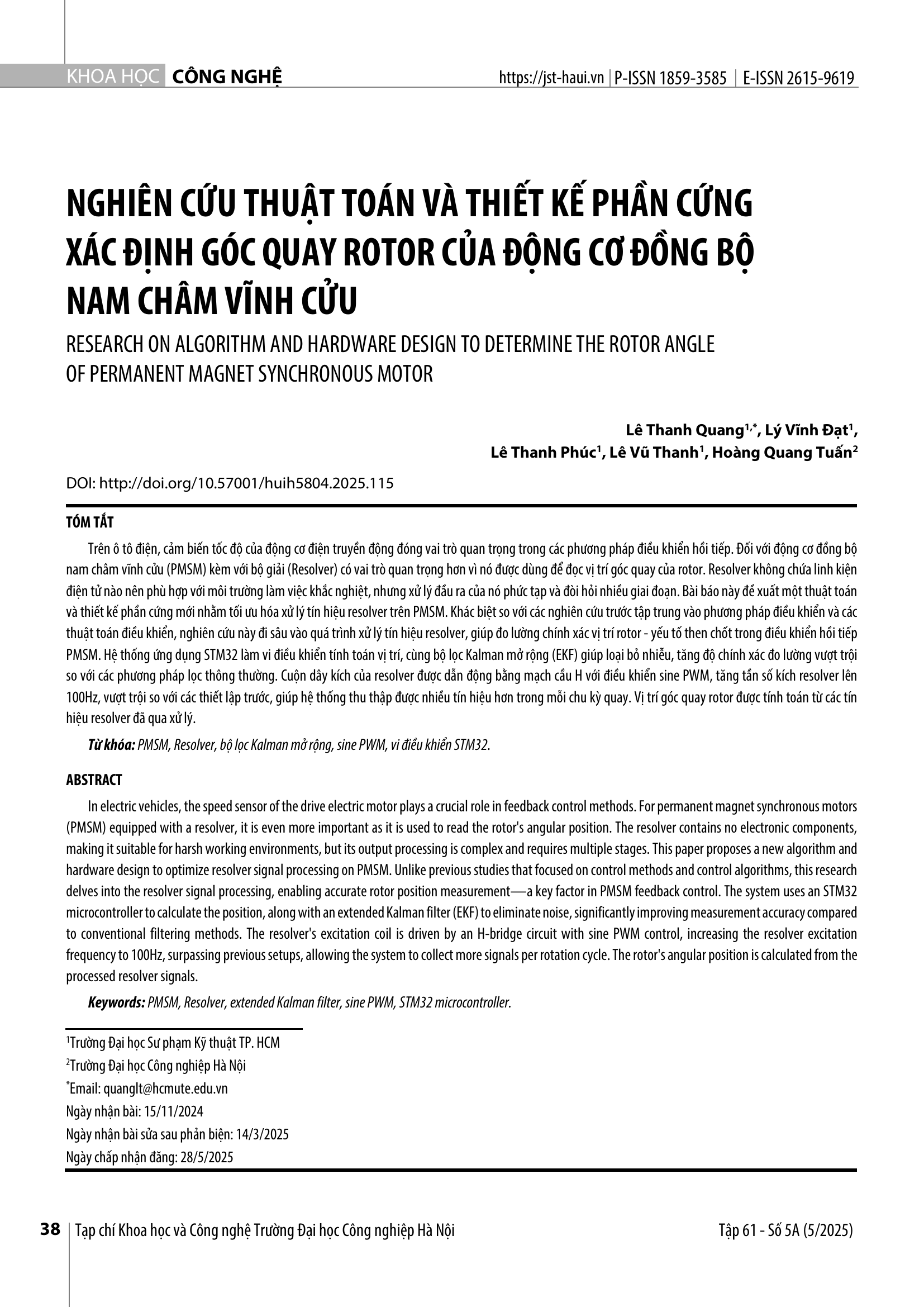 Nghiên cứu thuật toán và thiết kế phần cứng xác định góc quay rotor của động cơ đồng bộ nam châm vĩnh cửu